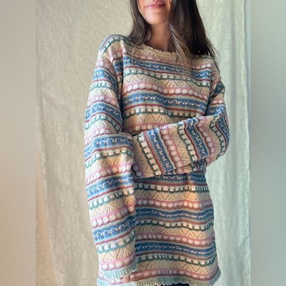 Vintage Pastel Multi-Patterned Knit Crossings Jumper Sweater – 100% Cotton - Picture 5 of 13